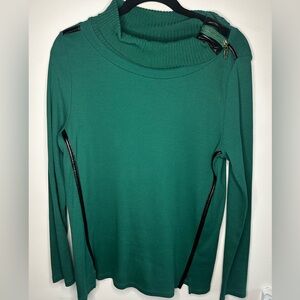 Rafaella Green Long Sleeve Top with Black Faux Leather Trim